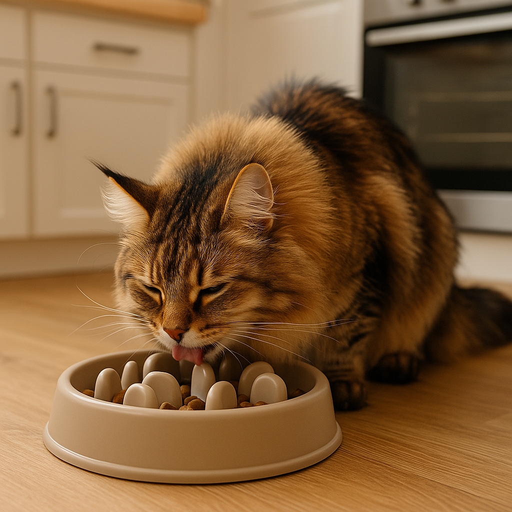 Maine coon mange dans une gamelle anti glouton dans une cuisine