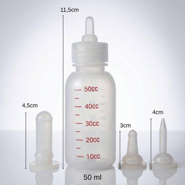Biberon pour chaton 50ml avec dimensions et tétines adaptées pour croissance et allaitement