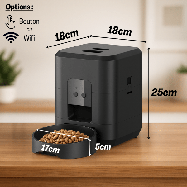 Dimensions distributeur de croquettes pour chat wifi ou bouton noir 18x18x25 cm bol large 17x5 cm CroqTech™