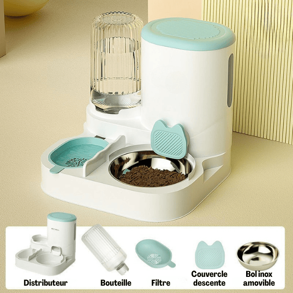 Distributeur croquettes chat eau automatique 2en1 bleu bol inox amovible - LuxeBowl™