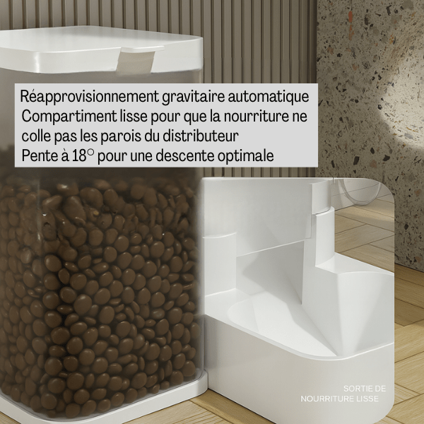 Distributeur croquettes chat gravitaire avec pente approvisionnement aliment optimal