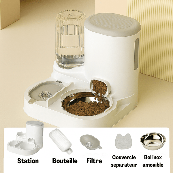 Distributeur croquettes eau chat automatique 2en1 bol inox amovible | LuxeBowl™ - Amour de Chat