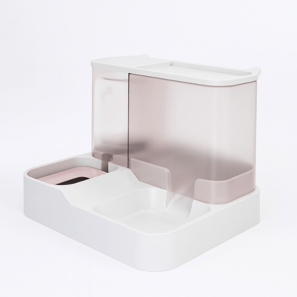 Distributeur croquettes pour chat 2en1 eau croquette compact rose | PurrCroq™