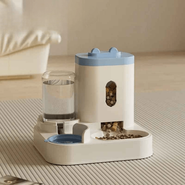 Distributeur de croquettes pour chat 2en1 compact gravitaire eau aliment bleu | AutoCroqâą - Amour de Chat