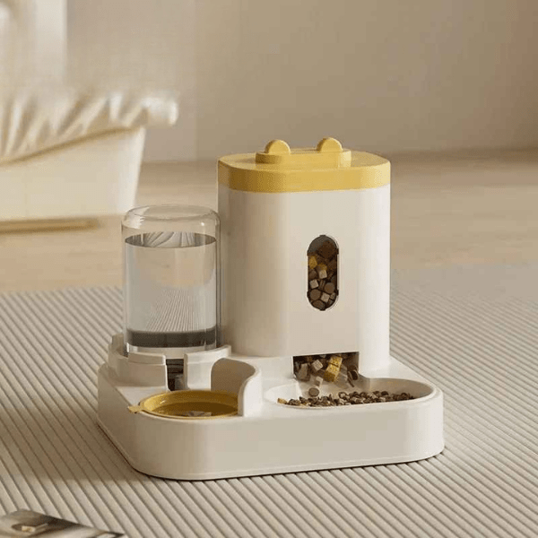 Distributeur de croquettes pour chat 2en1 compact gravitaire eau aliment jaune | AutoCroqâą - Amour de Chat