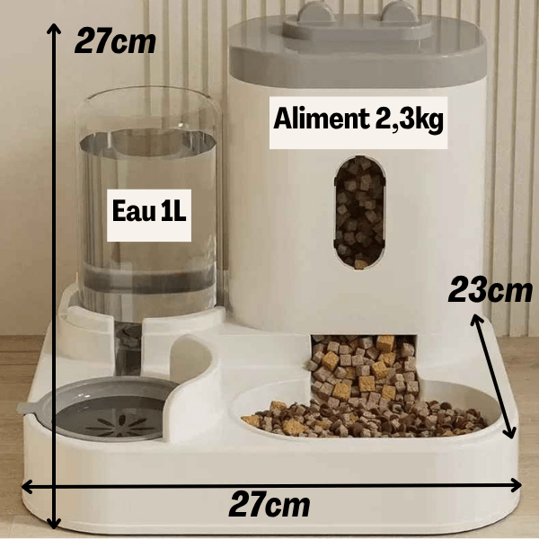 Distributeur de croquettes pour chat 2en1 gravitaire eau aliment capacité dimensions | AutoCroq⹠- Amour de Chat