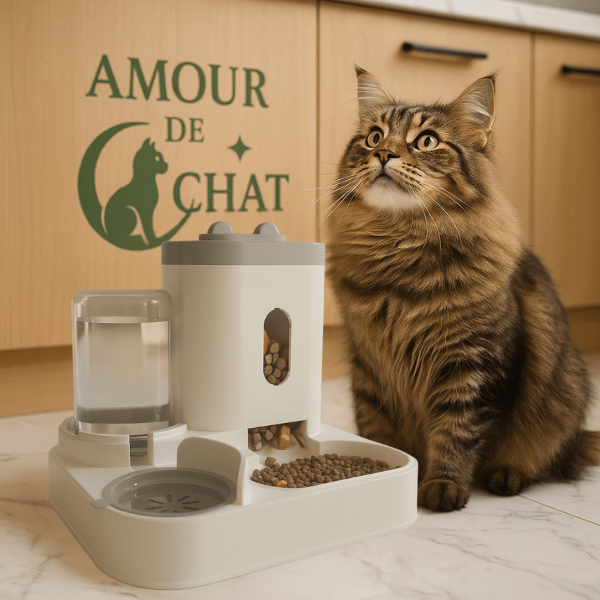 Distributeur de croquettes pour chat compact gravitaire 2en1 maine coon cuisine repas | AutoCroqâą - Amour de Chat