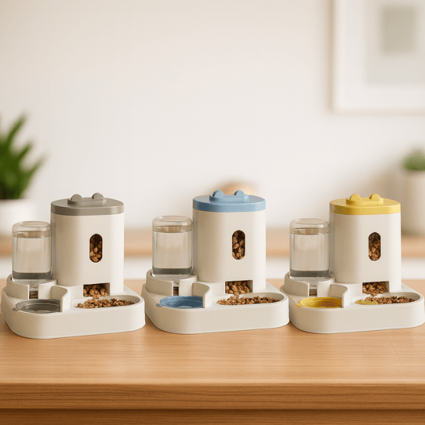 Distributeur de croquettes pour chat réserve eau 2en1 gris bleu jaune automatique AutoCroq™