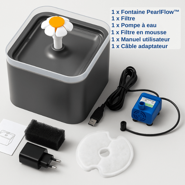 Fontaine a chat pack complet moteur câble adaptateur brosse filtre mousse noire automatique PearlFlow™