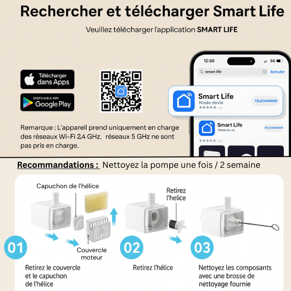 Fontaine a eau chat avec application smart life recommandation nettoyage pompe AquaTech™