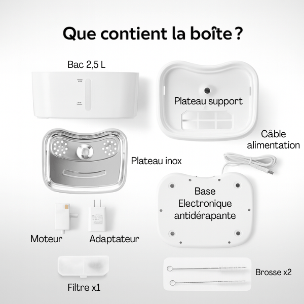 Fontaine à eau chat pack complet bac brosse filtre base antidérapante connectée AquaTech™