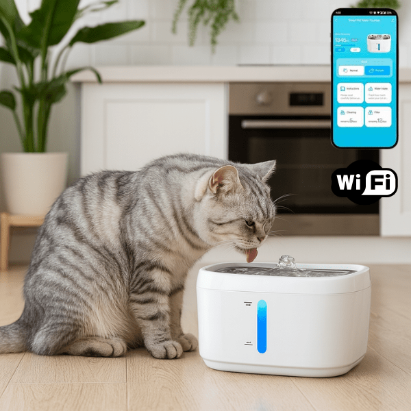 Fontaine a eau chat wifi connectée avec félin boit dans cuisine application - AquaTech™