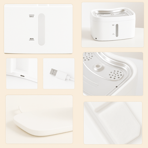 Fontaine a eau pour chat connectée niveau d'eau USB-C plateau inox filtre base complète AquaTech™