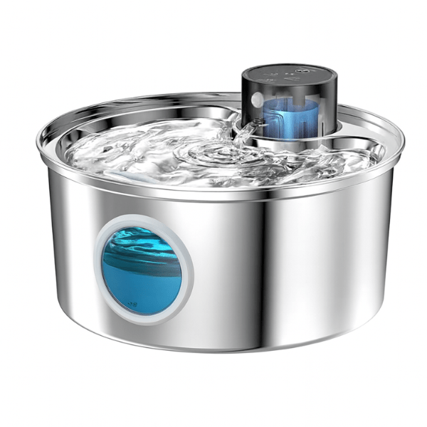 Fontaine a eau pour chat en inox avec hublot bleu eau et batterie Vinox™