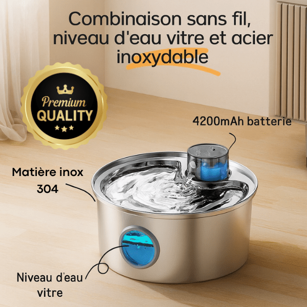 Fontaine a eau pour chat en inox de qualité avec hublot niveau d'eau batterie 4200 mAh Vinox™