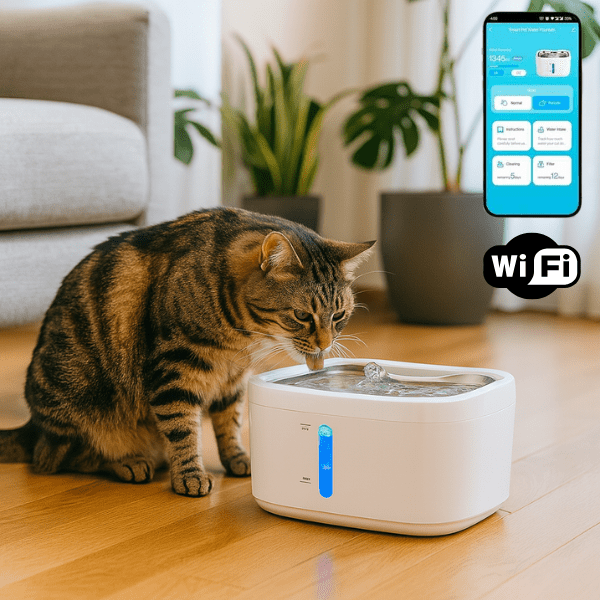 Fontaine a eau pour chat wifi téléphone et félin qui boit dans salon avec plantes - AquaTech™