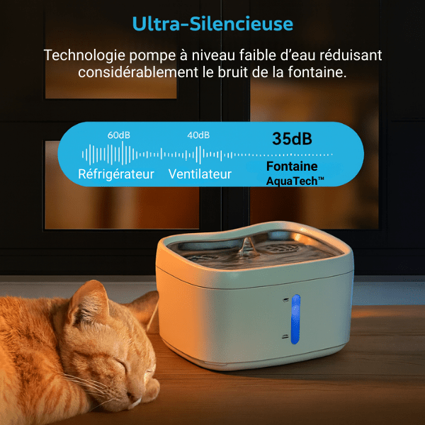 Fontaine a eau pour chat ultrasilencieuse 35 dB avec détecteur niveau d'eau faible - AquaTech™