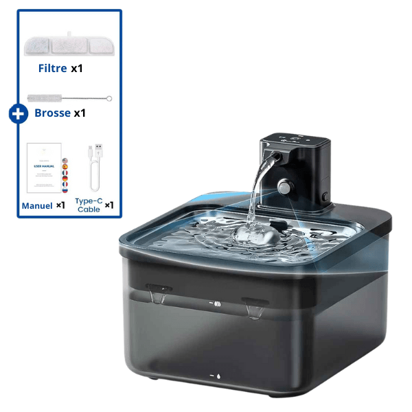 Fontaine pour chat à batterie sans fil noire bac inox USB manuel brosse filtre Olyss™