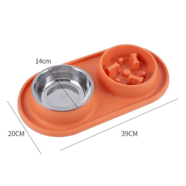 Gamelle anti-glouton chat double bols inox amovible croquettes eau orange | Oxford Duo™