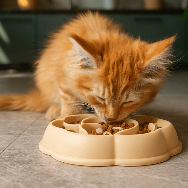 Gamelle anti glouton chaton et petit maine coon qui mange lentement croquettes