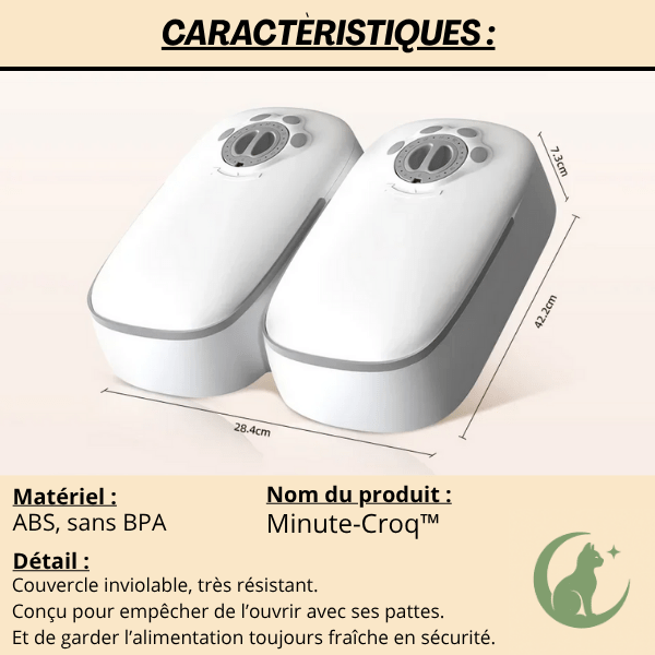 Gamelle automatique chat minuteur double repas résistante 28,4 x 42,2 x 7,3 cm - Minute-Croq™