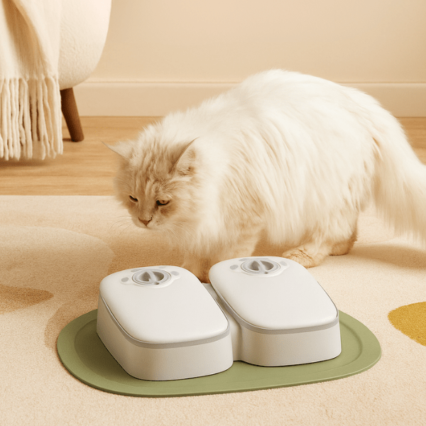 Gamelle automatique chat sans fil couvercle blanc minuterie dans salon avec félin blanc - Minute-Croq™