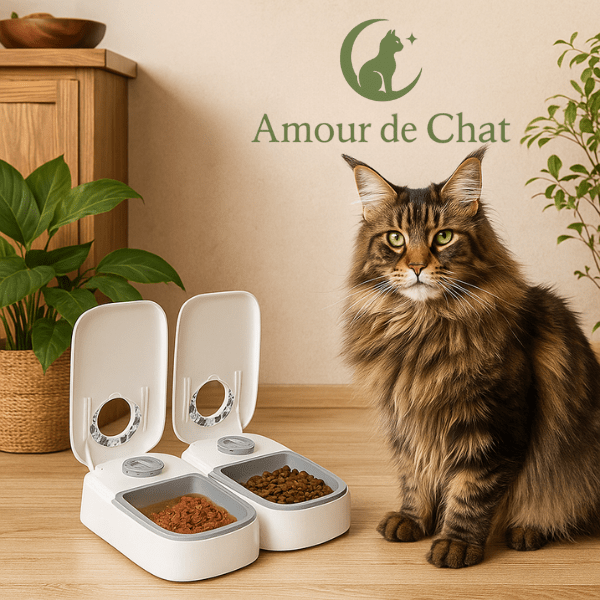 Gamelle automatique chat double hermétique couvercle ouvert pour double repas maine coon dans salon - Minute-Croq™