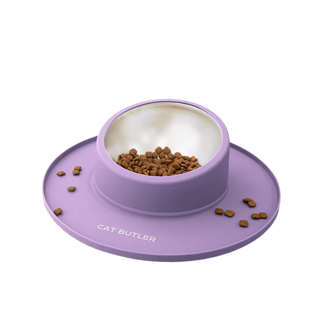 Gamelle chat anti debordement violet silicone ronde bol inox croquettes - Bowl Clean™