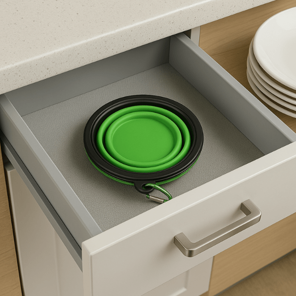 Gamelle chat silicone verte pliĂ©e dans tiroir de rangement cuisine Bowl-Tripâą