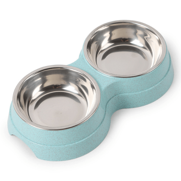 Gamelle pour chat double bol inox amovible support bleu - DoubleCat-Classic™