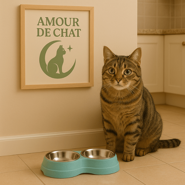 Gamelle pour chat double bol inox amovible support bleu avec félin tigré dans cuisine - DoubleCat-Classic™