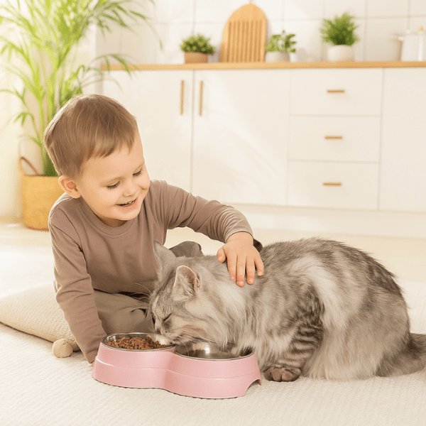 Gamelle pour chat double bol inox support rose et félin gris mange repas caressé par enfant - DoubleCat-Classic™