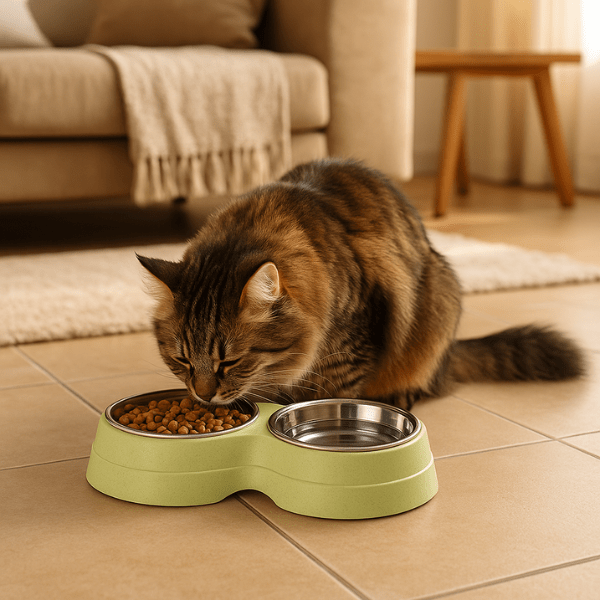 Gamelle pour chat double bol inox support vert et maine coon mange croquettes sol salon - DoubleCat-Classic™