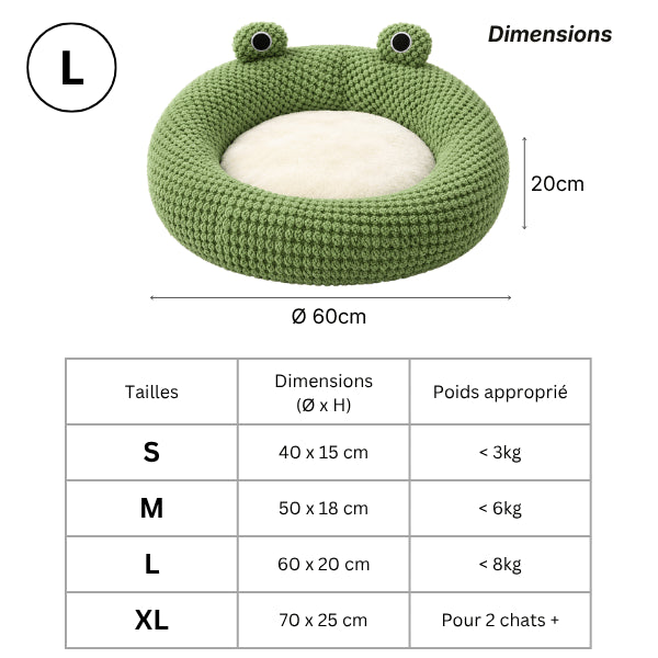 Lit pour chaton grenouille disponible en quatre tailles adaptées aux différents gabarits