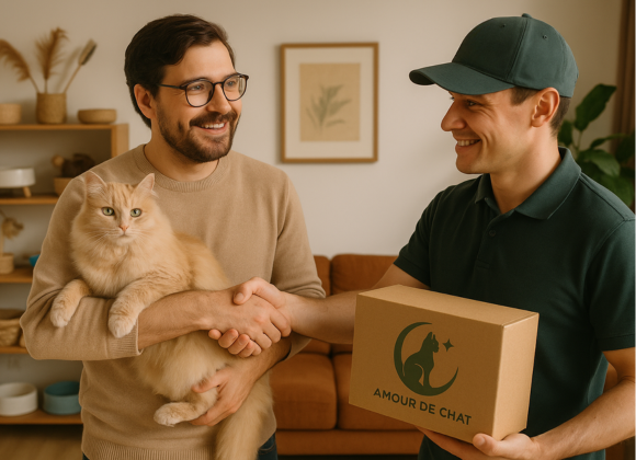 Livreur remet colis commande propriétaire chat Amour de Chat