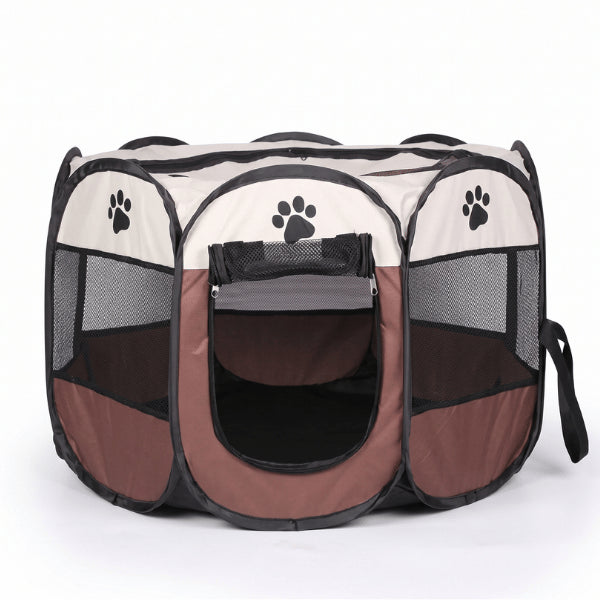 Tente chat portable marron avec structure pliable pour stockage compact après utilisation