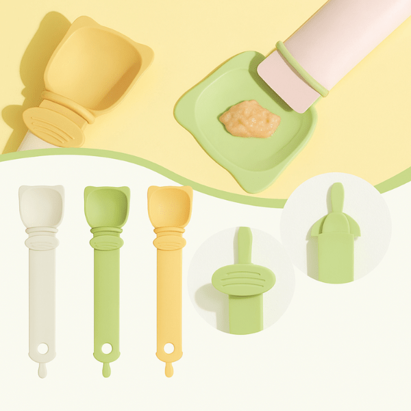 trois modèles distributeur nourriture chat gris vert jaune avec pâtée MeowSpoon™
