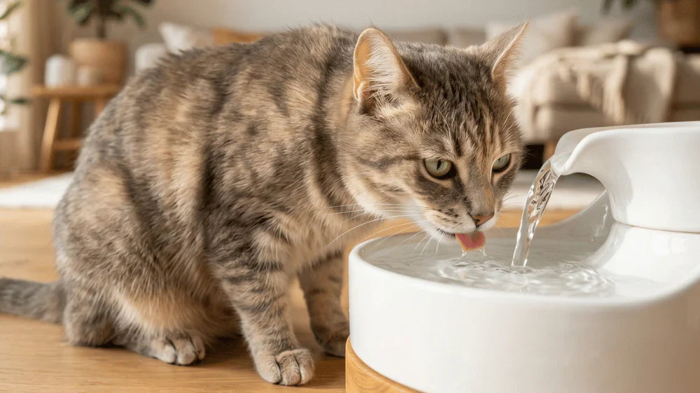 Chat buvant dans une fontaine à eau favorisant son hydratation et sa santé urinaire