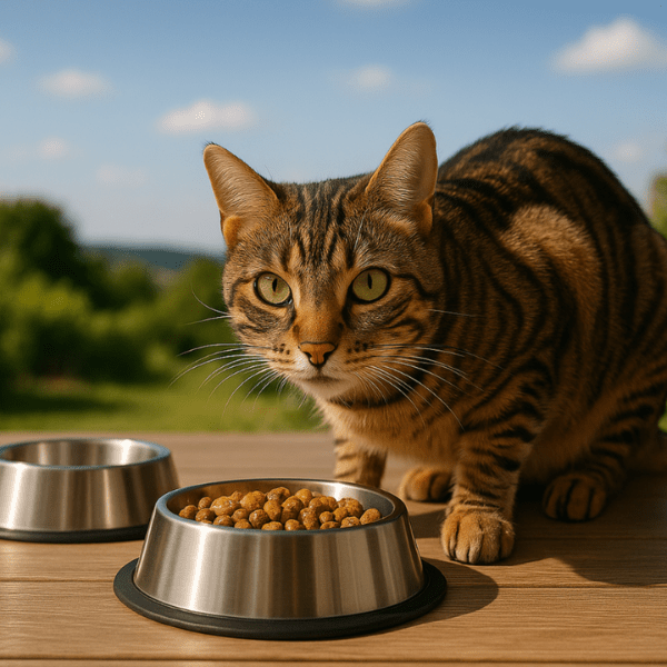 Chat mange repas sur terrasse extérieure dans gamelle chat inox - Croc'Inox™