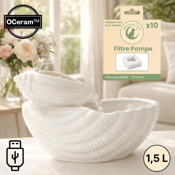 Abreuvoir pour chat en céramique design coquillage à eau filtrée, capacité 1,5 L et alimentation USB - OCeram™