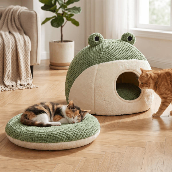Abri chats avec coussin amovible utilisable séparément comme couchage doux et confortable