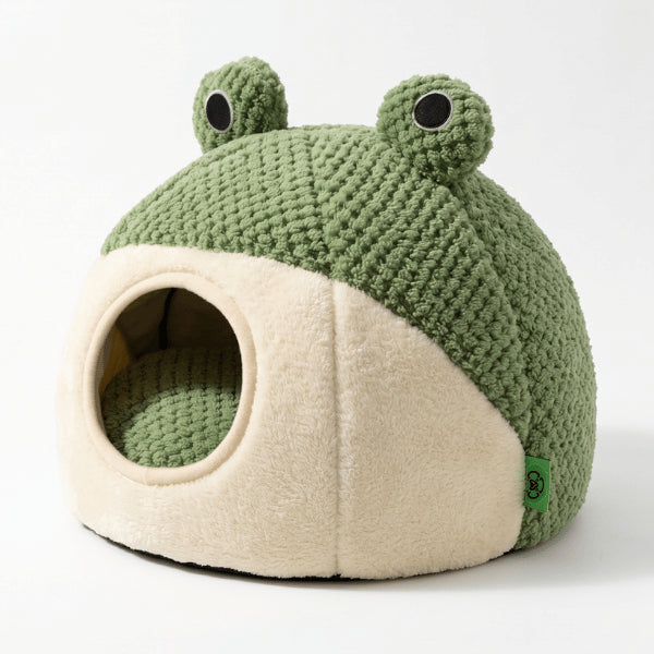 Abri chats vert et crème au design grenouille avec entrée ronde accessible