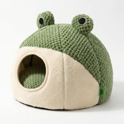 Abri chats vert et crème au design grenouille avec entrée ronde accessible