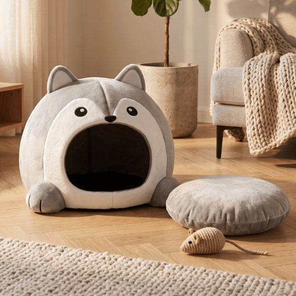 Abri pour chat avec coussin amovible moelleux pour couchage douillet facilement nettoyable