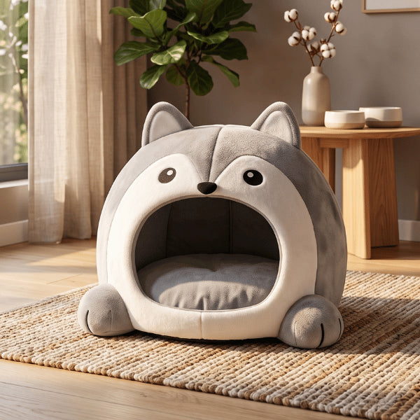 Abri pour chat design loup gris et blanc avec couchage moelleux pour intérieur moderne