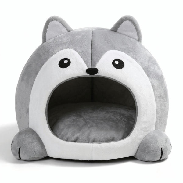 Abri pour chat forme loup avec grande ouverture et coussin moelleux pour se réfugier
