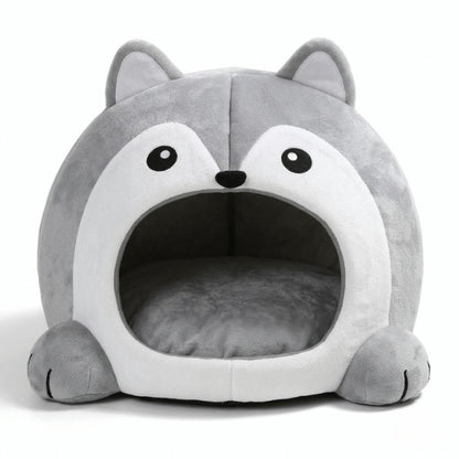 Abri pour chat forme loup avec grande ouverture et coussin moelleux pour se réfugier