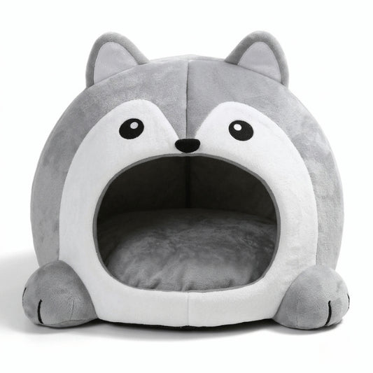 Abri pour chat forme loup avec grande ouverture et coussin moelleux pour se réfugier