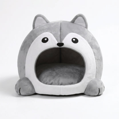 Abri pour chat loup gris en peluche douce avec coussin intérieur confortable amovible