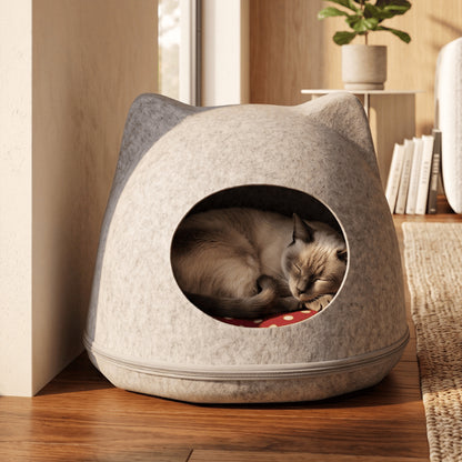 Abri pour chats accueillant un félin endormi dans son cocon relaxant